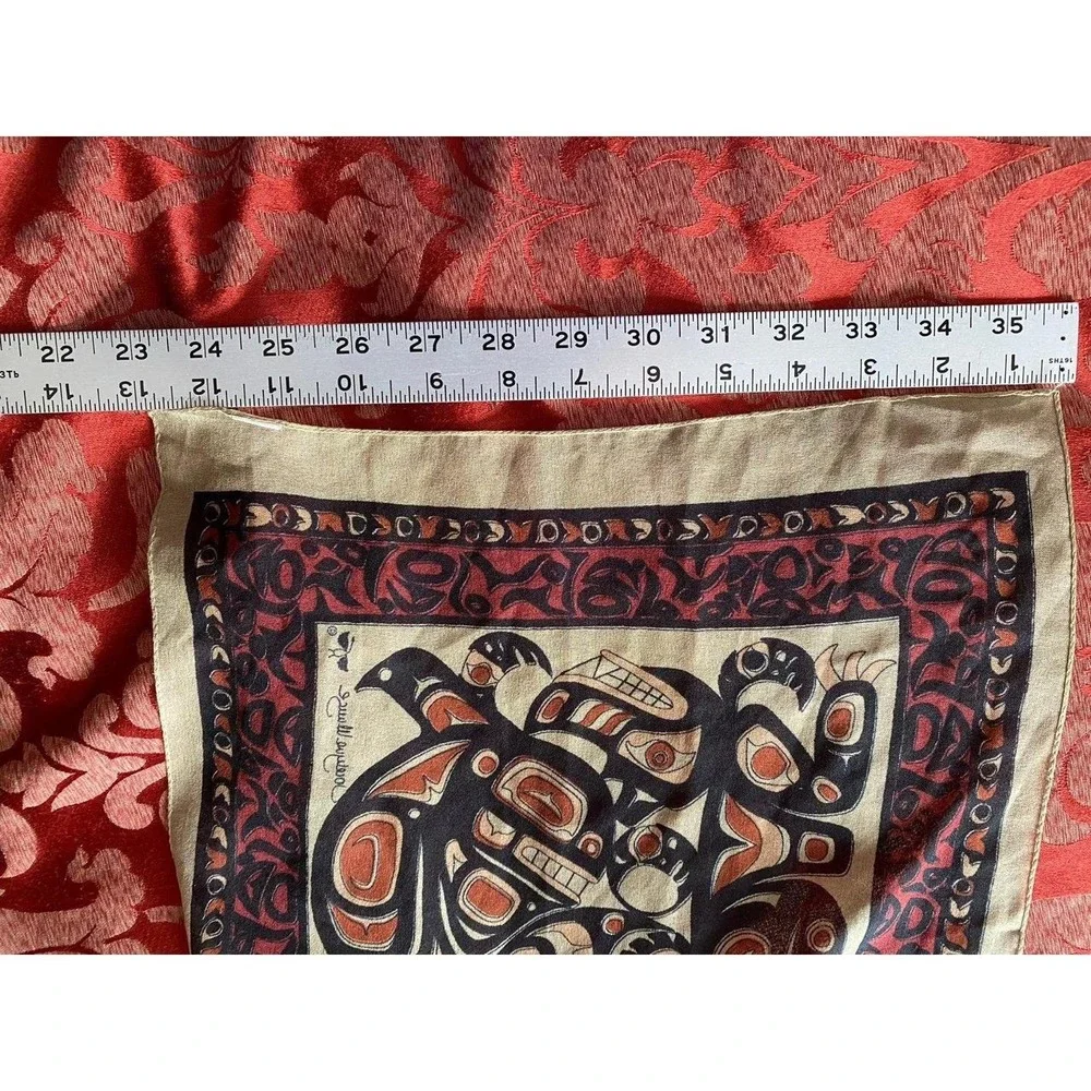 Jocelyn Waugh Indigenous Artist Sheer Silk Scarf Inuit Black Brown 60